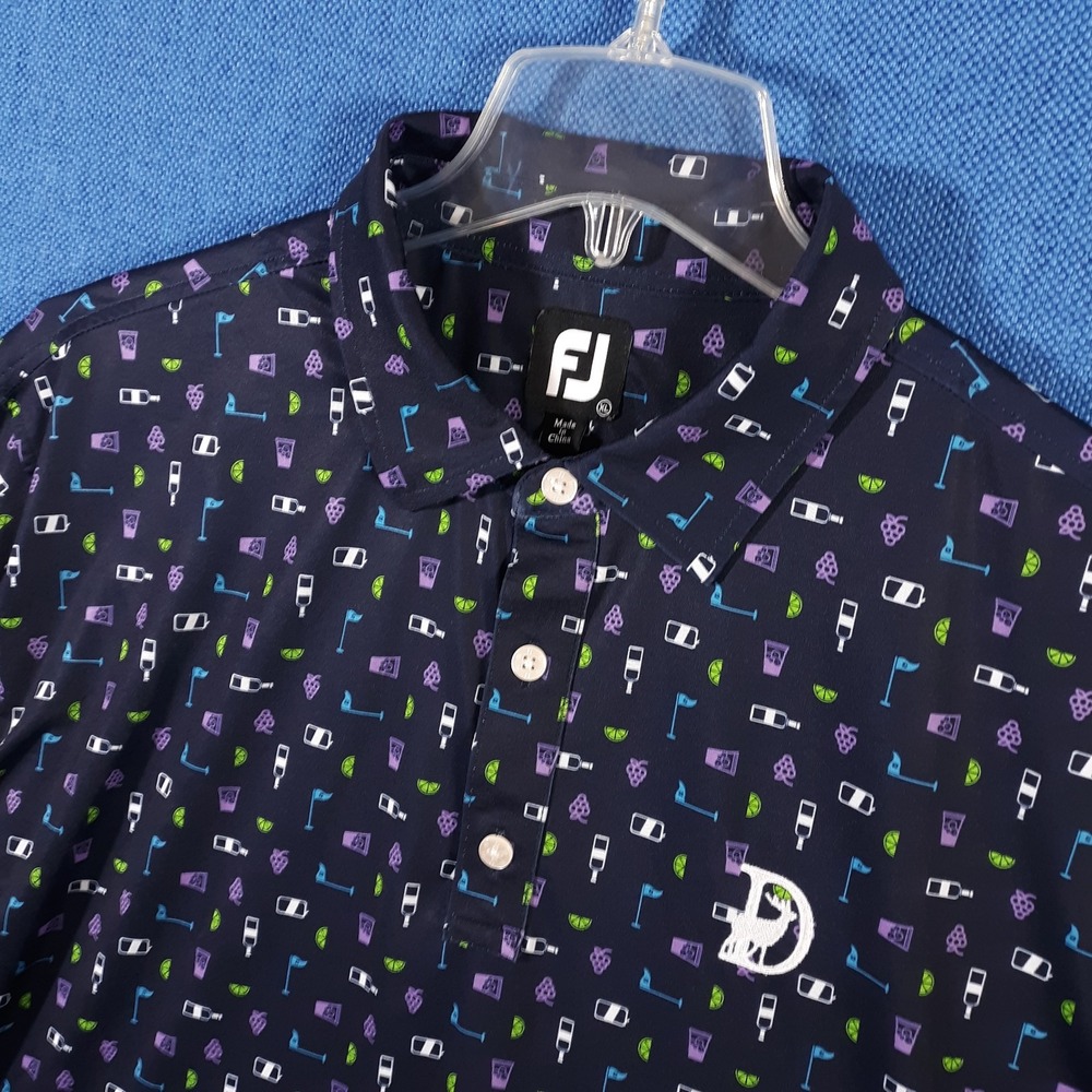FootJoy Golf Polo Shirt Mens XL Blue Stretch Performance Graphic Bottle Cup Flag